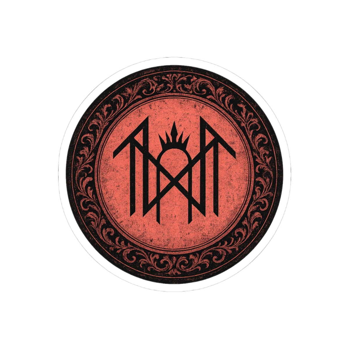 circular, red sticker with a black, decorative border and a central geometric