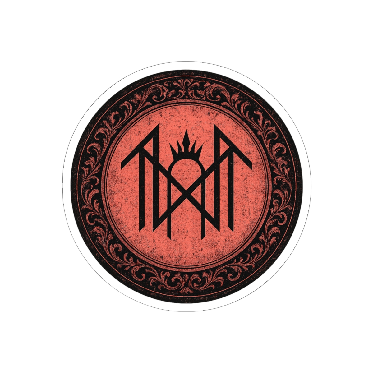 A circular, red sticker with a black, decorative border and a central geometric design. The design includes vertical and angled lines, and a crown-like element. The sticker has a distressed, vintage...