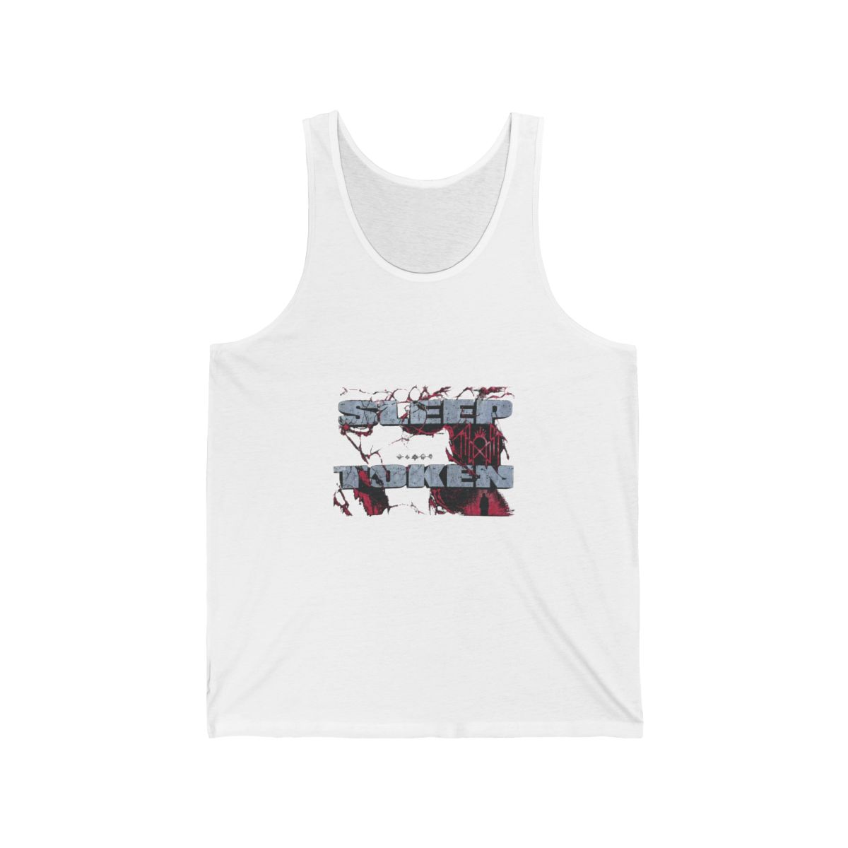 Black tank top featuring the text "SLEEP TOKEN" in grey and red, with a graphic design. It has straps, lace trim, and eyelet details with ties