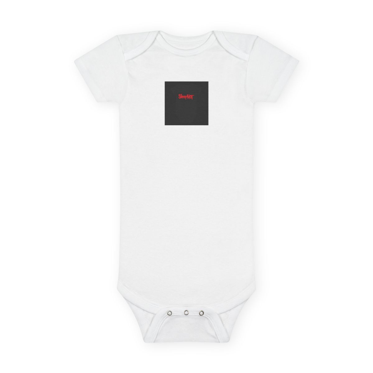 Black baby onesie with a red "Sleep Not" logo printed on the front